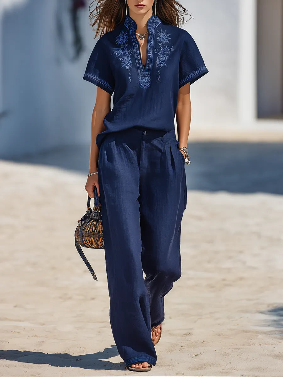 Resort-style V-neck Embroidered Short-sleeve Top And Trousers Set