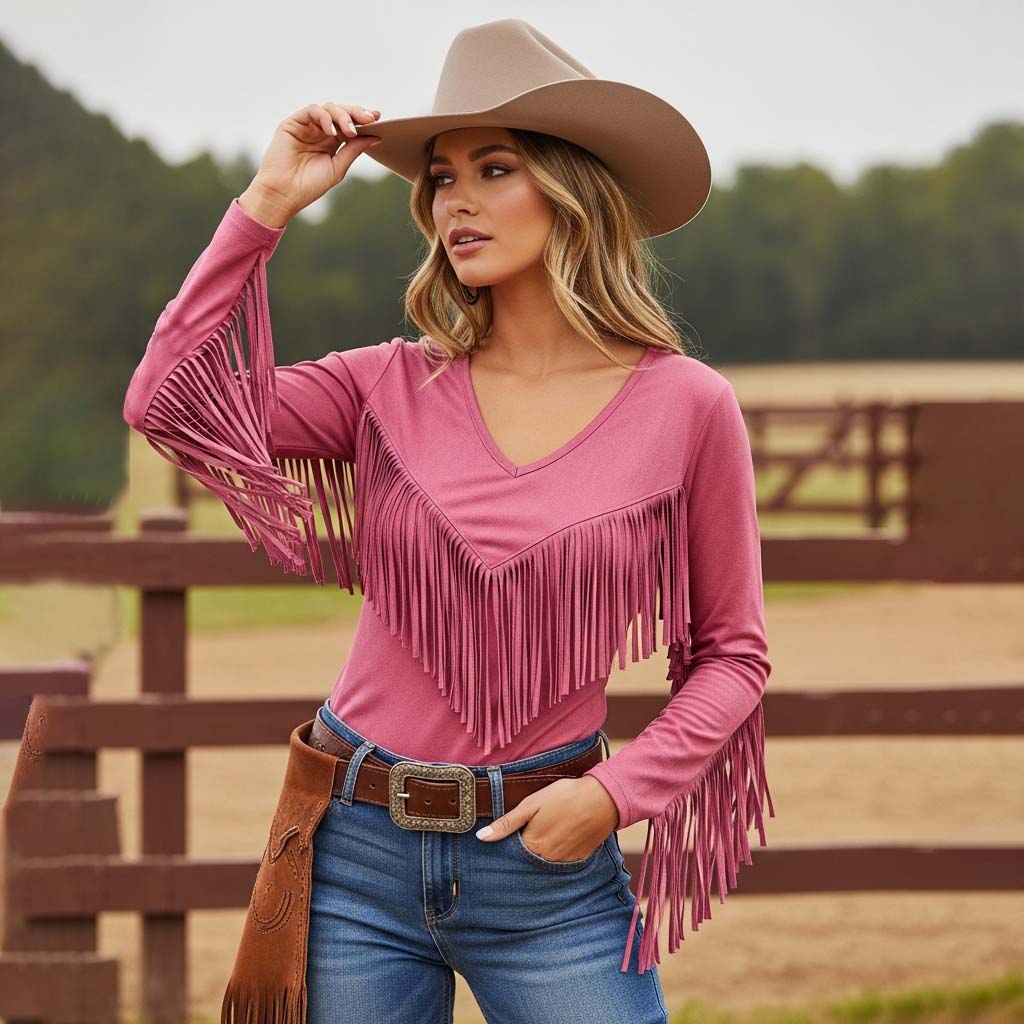 Women's Vintage Western Cowgirl Pink Tassel V-Neck Long-Sleeve T-Shirt