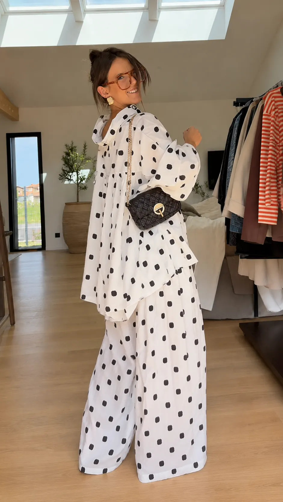 Boho Polka Dot Print Pant Set - Asymmetric Layered Kimono Top & Wide Leg Pants Co-ord