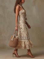 Bohemian Ruffle Strap Floral Print Slit Midi Dress In Cream