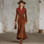 Western-style Color-blocked Fringed Suede Maxi Dress