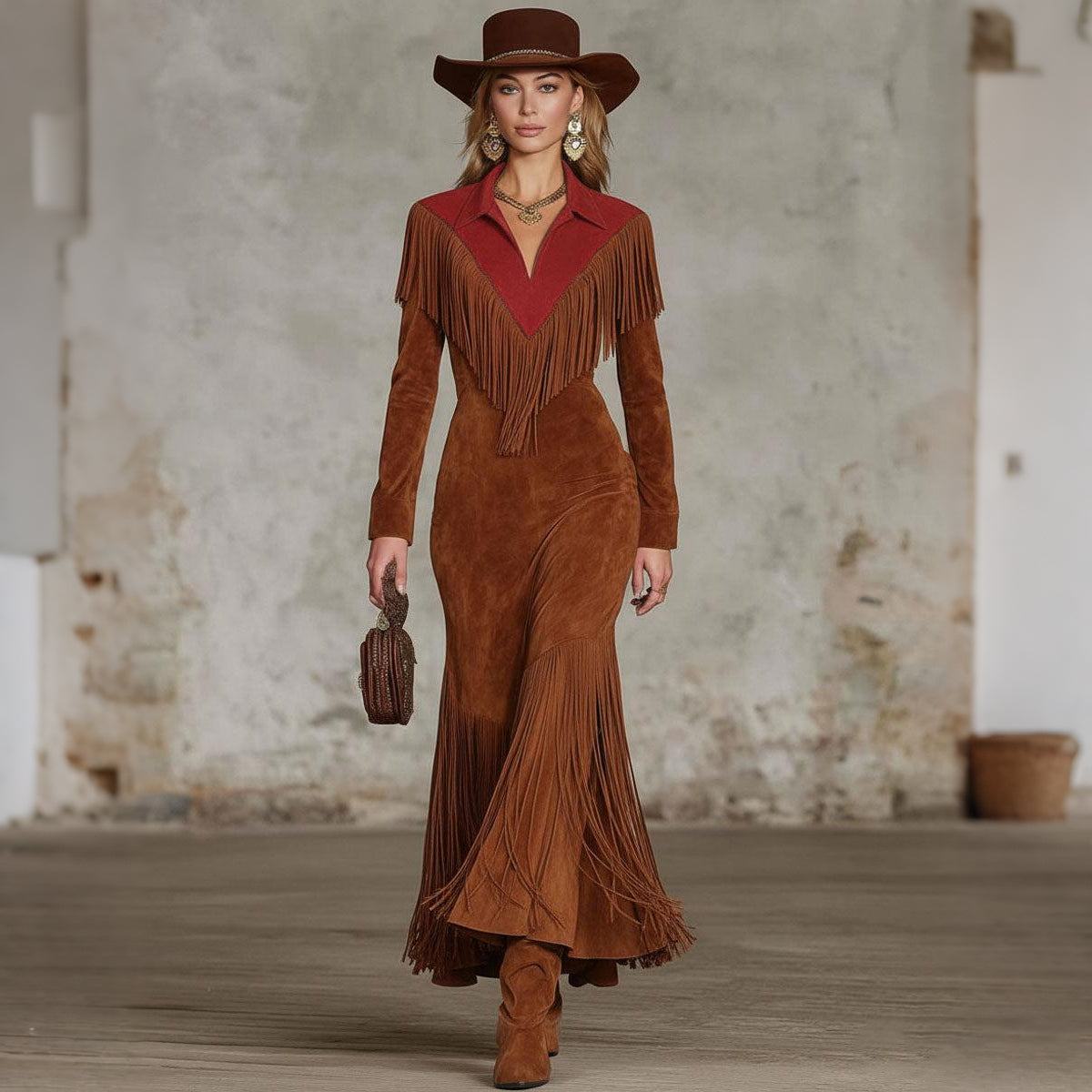Western-style Color-blocked Fringed Suede Maxi Dress
