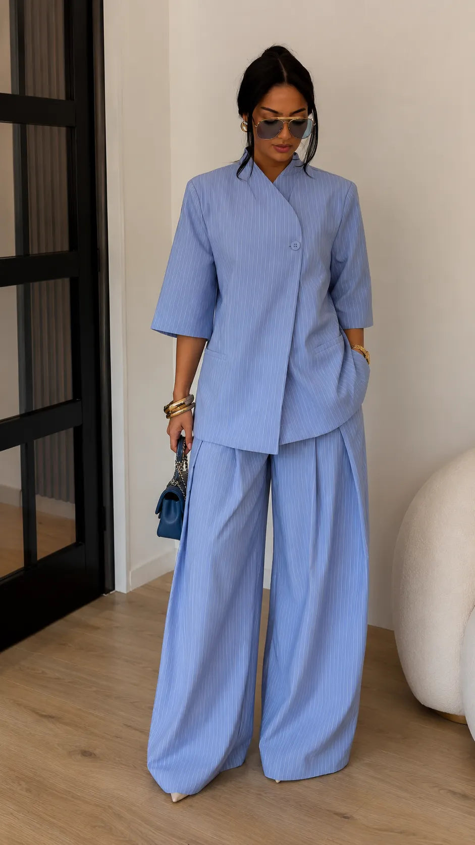 Minimalist Cross-Front Blazer Set - Oversized Linen Blend Jacket & High-Waisted Wide Leg Pants Co-ord