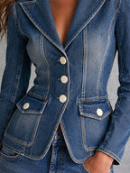 Vintage Wash Denim Notched Lapel Single Breasted Fitted Blazer