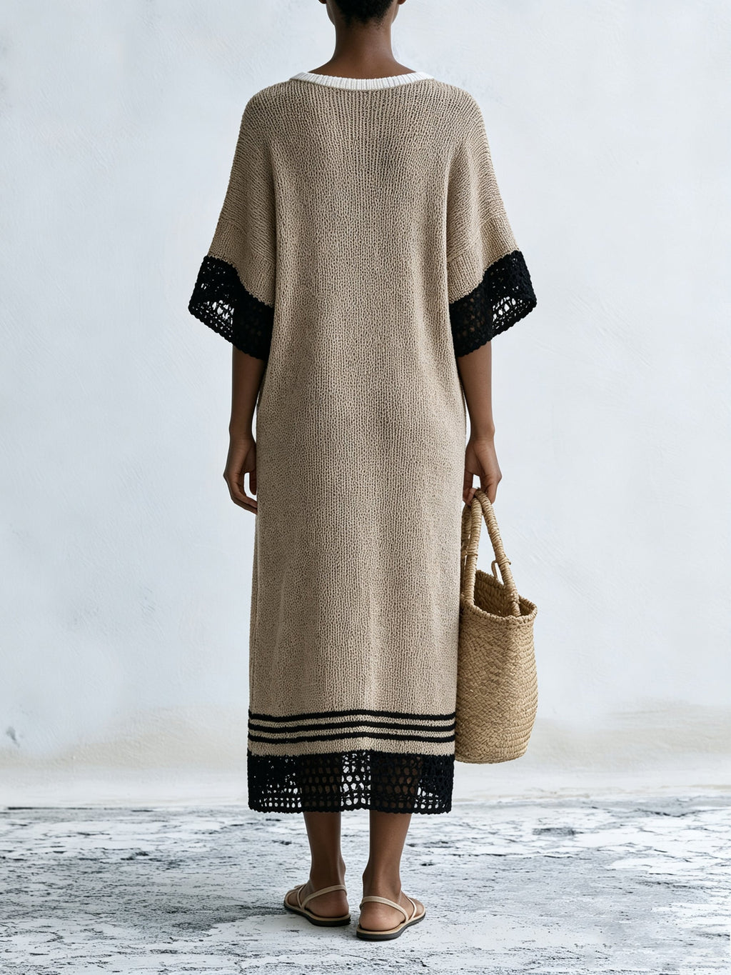 V-Neck Contrast Trim Knit Midi Dress