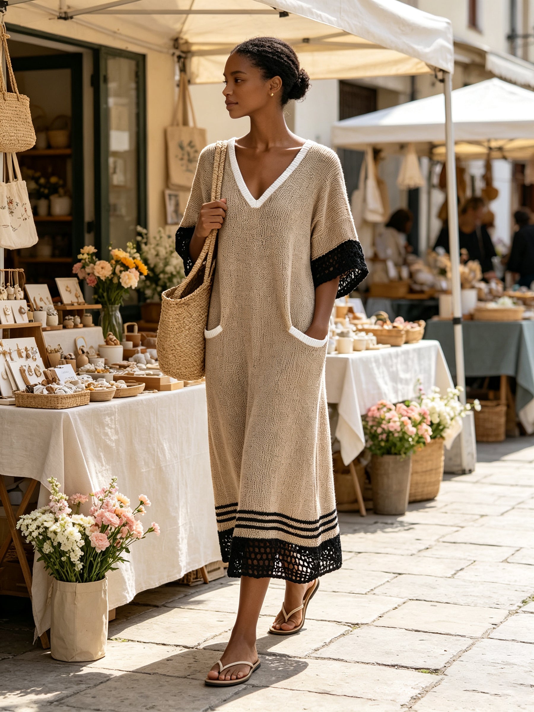 V-Neck Contrast Trim Knit Midi Dress