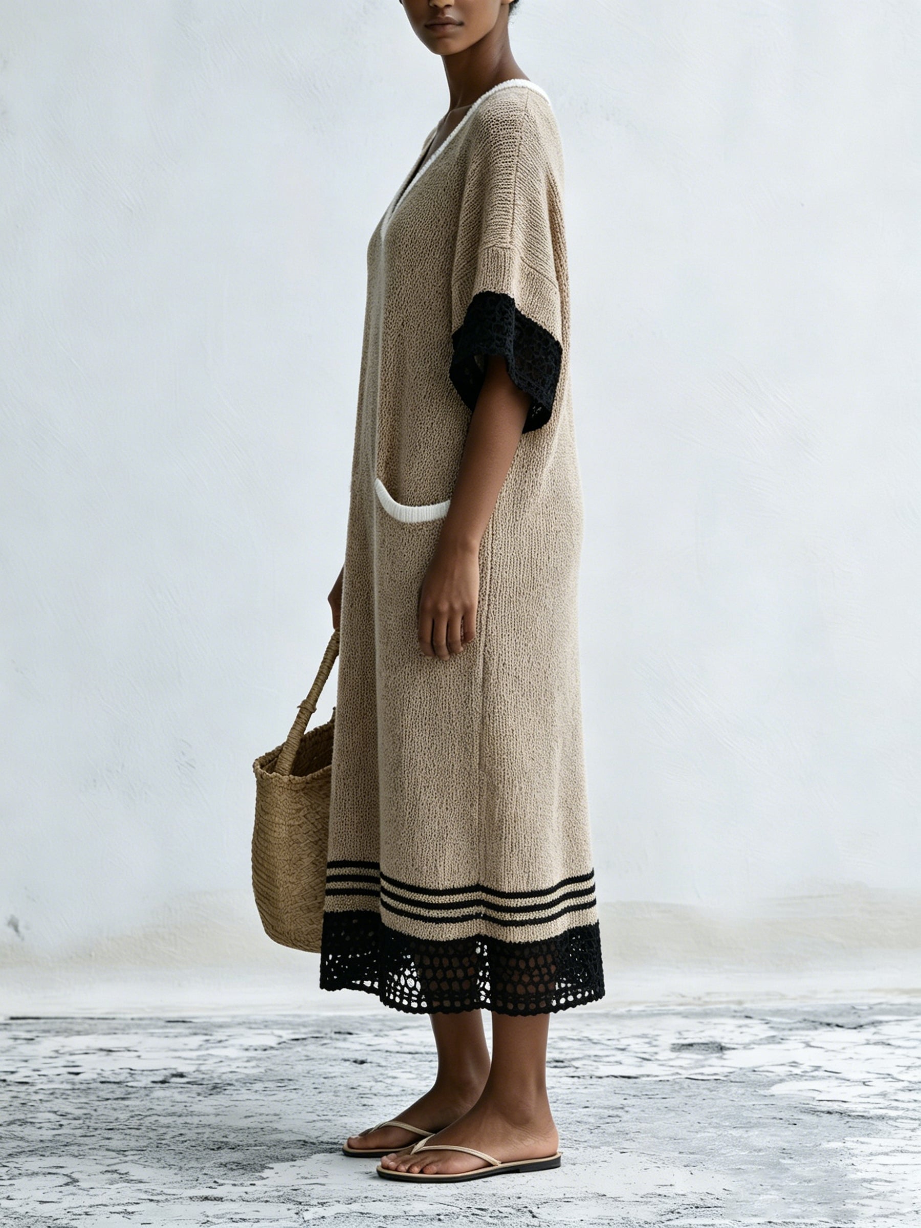 V-Neck Contrast Trim Knit Midi Dress