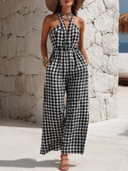 Beach Vacation Black And White Gingham Halter-Neck Cotton-Linen Wide-Leg Jumpsuit