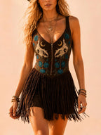Ideal for Country Music Festivals — Caramel Brown Turquoise Totem Printed V-Neck Fringe Mini Dress