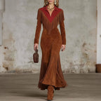 Western-style Color-blocked Fringed Suede Maxi Dress