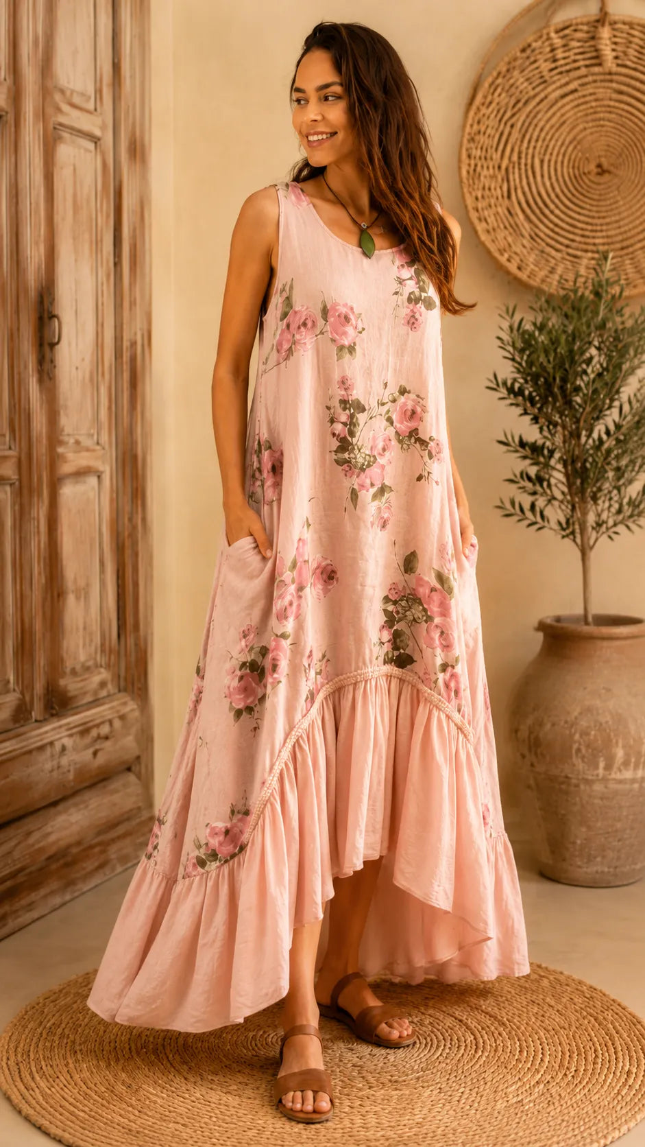 Boho Floral Print Sleeveless Maxi Dress - V-Neck High-Low Ruffle Hem Summer Dress