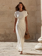 Minimalist Resort Textured Linen Blend Round Neck Cap Sleeve Waist Ruched Maxi Dress