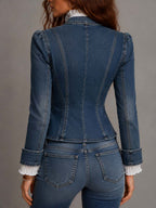 Western Vintage Double Breasted Gold Button Frayed Hem Cropped Denim Blazer