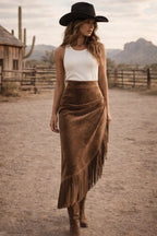 Retro Western Style Irregular Design Fringed Suede Skirt