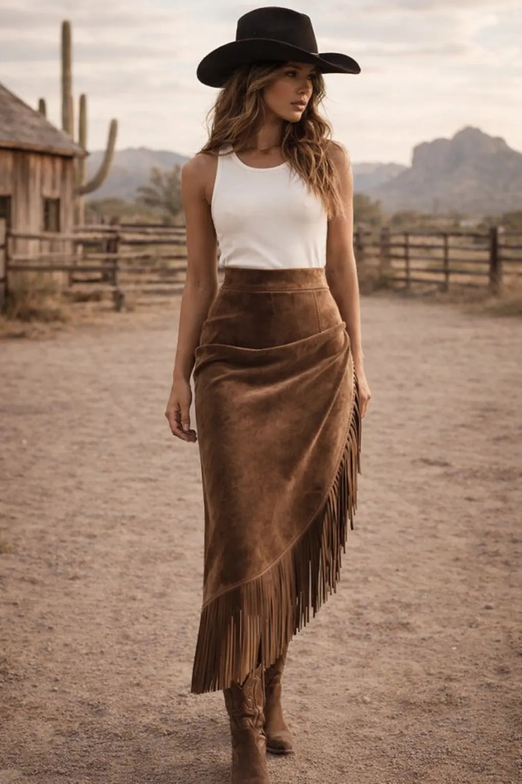Retro Western Style Irregular Design Fringed Suede Skirt