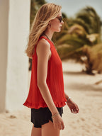 Bohemian Vacation Red Pleated Sleeveless Top