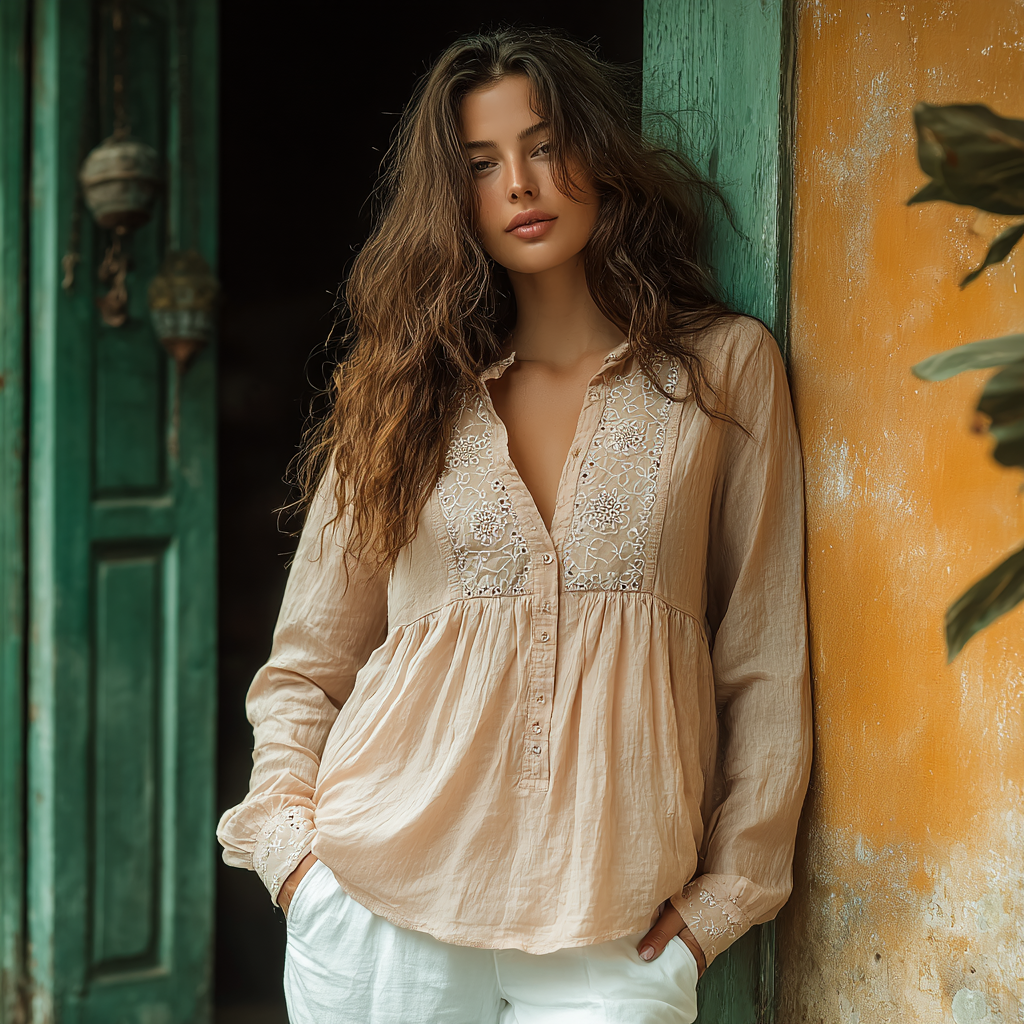 Bohemian Women's Linen Print Casual Long Sleeve Top