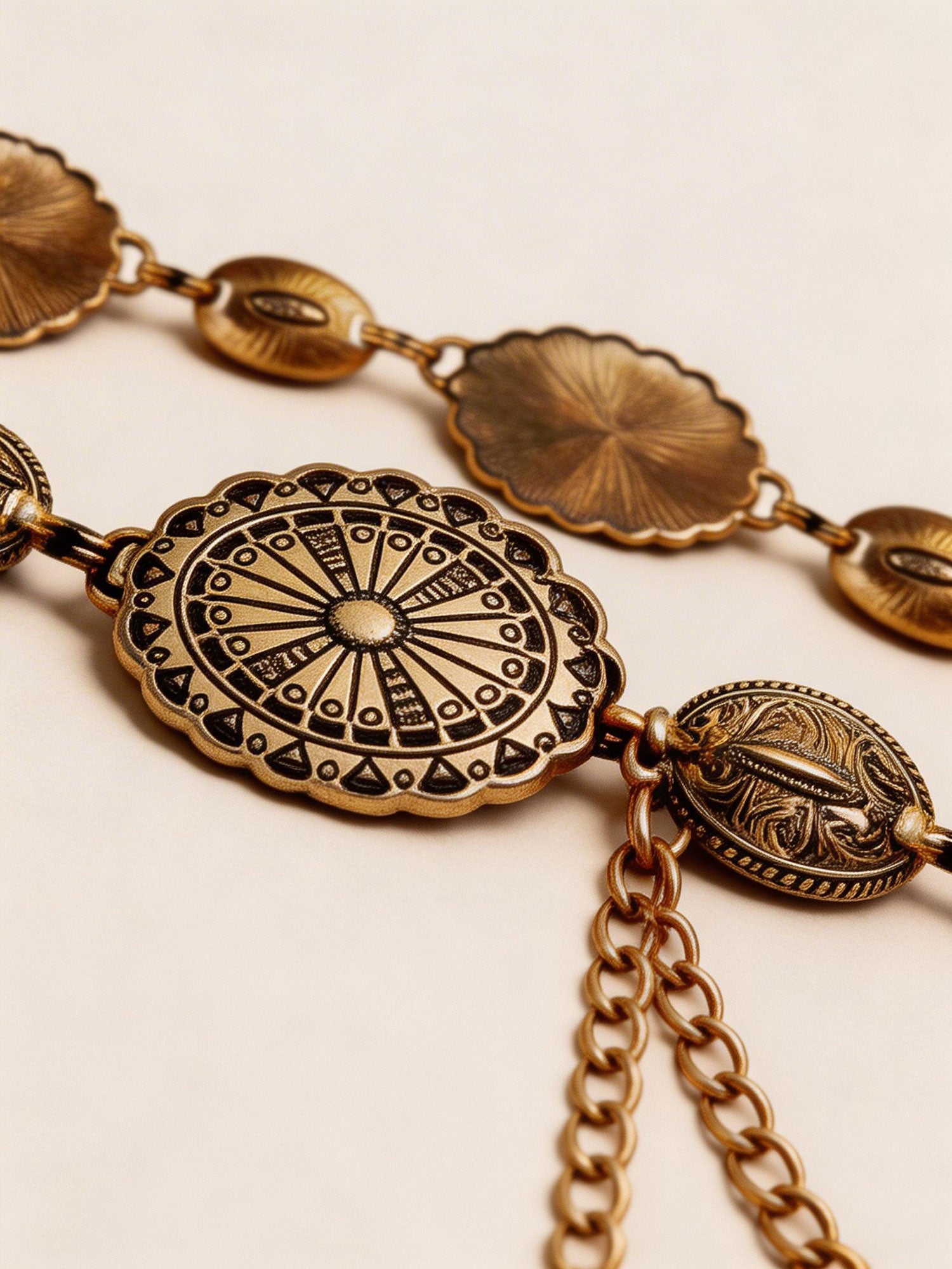 Women's Vintage Gold Concho Chain Belt, Navajo Inspired Western Cowgirl Belt for Country Concert