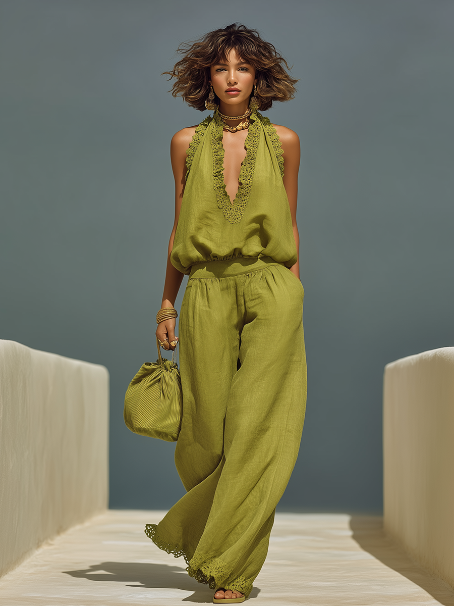 Elegant Vacation Lace-trimmed Halter Top And Wide-leg Pants Set