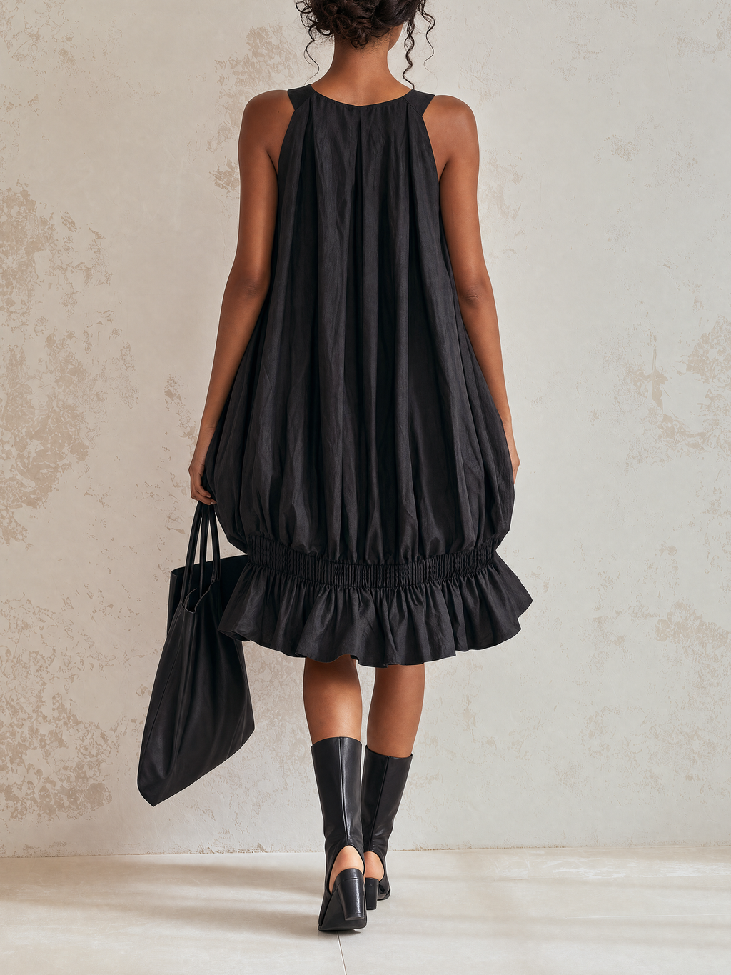 Black Sleeveless Bubble Midi Dress Gathered Elastic Waist Ruffle Hem Loose Tent Dress