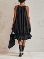 Black Sleeveless Bubble Midi Dress Gathered Elastic Waist Ruffle Hem Loose Tent Dress