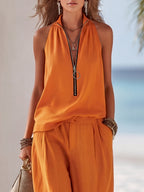 Bohemian Vacation Style Vibrant Orange Cotton And Linen Stand-up Collar Half-zip Sleeveless Top And Wide-leg Pants Set