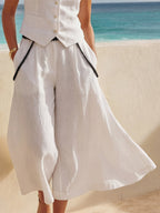 Minimalist And Sophisticated White Cotton And Linen One-shoulder Button-down Vest And Wide-leg Pants Set