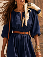 Retro-style Vacation Solid Color Cotton And Linen Midi Dress