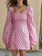 Vacation-style Square-neck Long-sleeve Polka-dot Mini Dress
