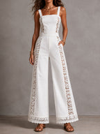 Boho White Denim Square Neck Crochet Lace Wide Legs Jumpsuit