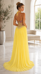 Floral Appliqué Halter Corset Evening Gown with Pleated Skirt