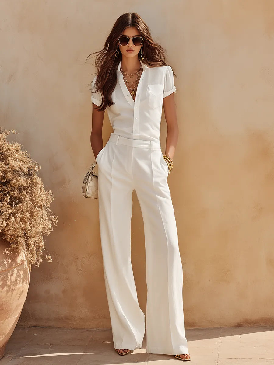 Elegant And Sophisticated Solid Color Short-sleeved Shirt And Flared Trousers Set