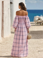 Resort-style Off-the-shoulder Plaid Print Long-sleeved Maxi Dress