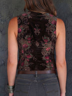 Retro Brown Velvet Floral Print Lapel Button Pocket Waistcoat