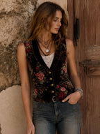 Retro Brown Velvet Floral Print Lapel Button Pocket Waistcoat