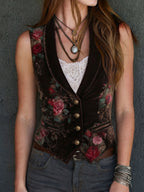 Retro Brown Velvet Floral Print Lapel Button Pocket Waistcoat
