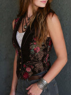 Retro Brown Velvet Floral Print Lapel Button Pocket Waistcoat