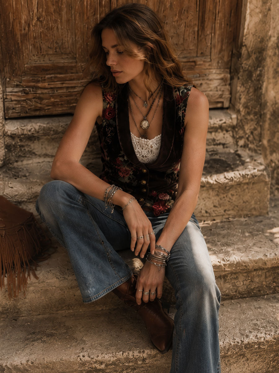 Retro Brown Velvet Floral Print Lapel Button Pocket Waistcoat