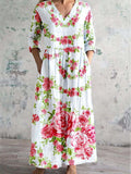 Women's V Neck Art Rose Floral Pattern Dress With Pockets