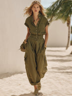 Casual Retro Vacation Olive Green Cotton Linen Short-Sleeve Shirt And Wide-Leg Pants Set