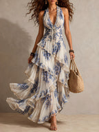 Boho Resort Blue Floral Halter Tiered Ruffle Chiffon Maxi Dress