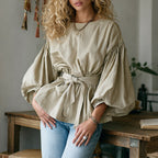 Women's Elegant Loose Comfortable Breathable Pleated Linen Puff Sleeve Long-sleeved Top