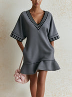Women’s Gray V-Neck Mini Dress With Contrast Stripe Trim – Oversized Sleeve Ruffle Hem Tunic Dress