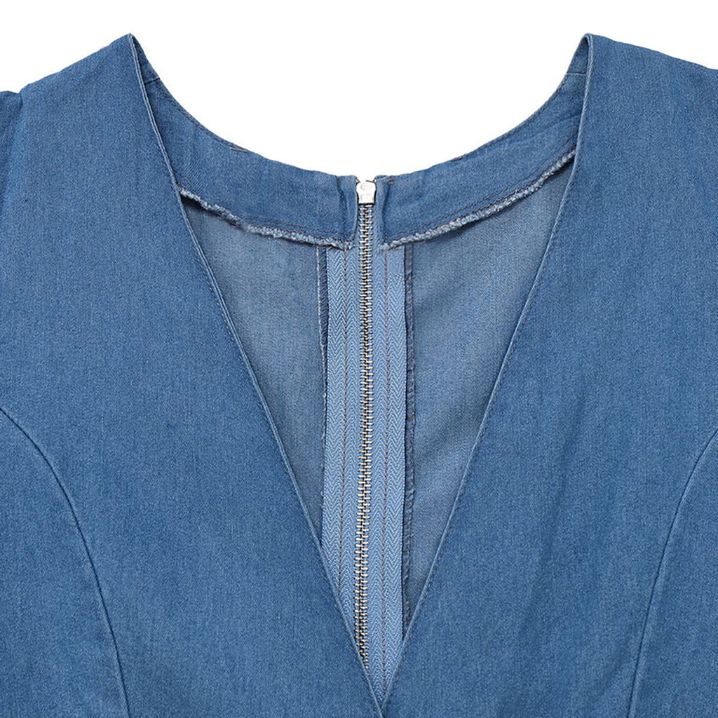Light Blue 1970s Denim Puff Sleeve Cut-out Jumpsuit