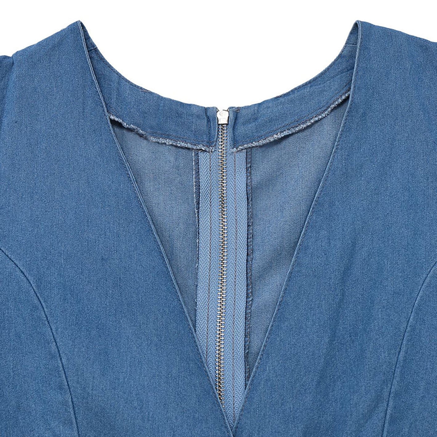 Light Blue 1970s Denim Puff Sleeve Cut-out Jumpsuit