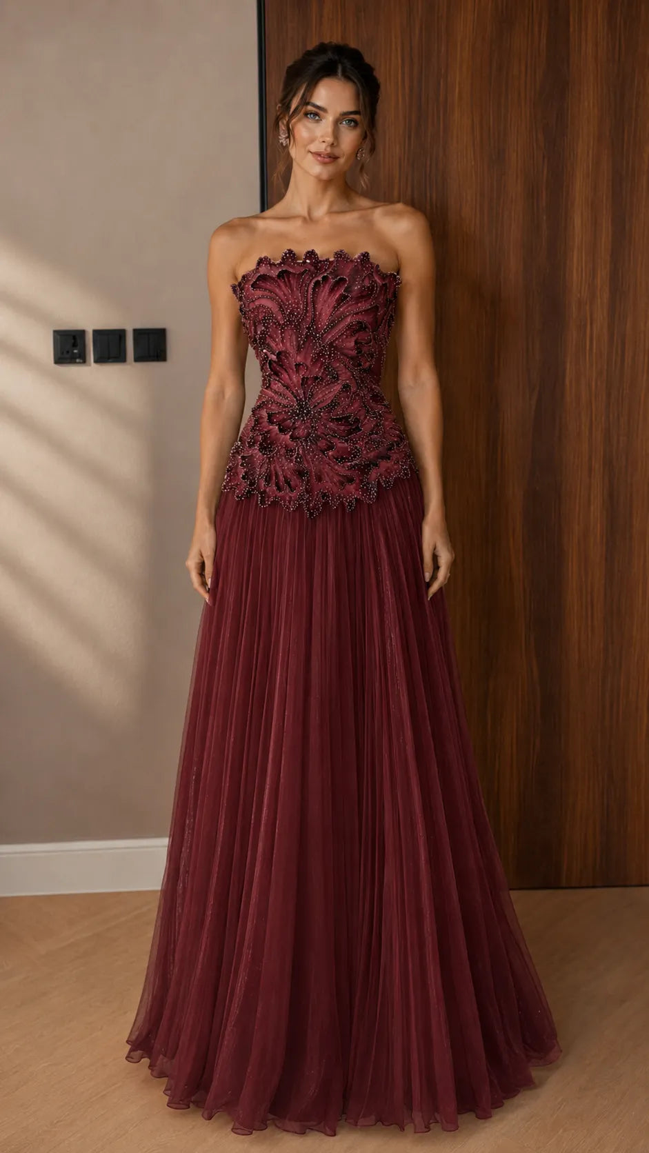 Strapless Appliqué Tulle Evening Gown - Pleated A-Line Formal Maxi Dress