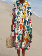 Women's Cute Kid Drawing Dog Print V Neck Vintage Linen Loose Dress