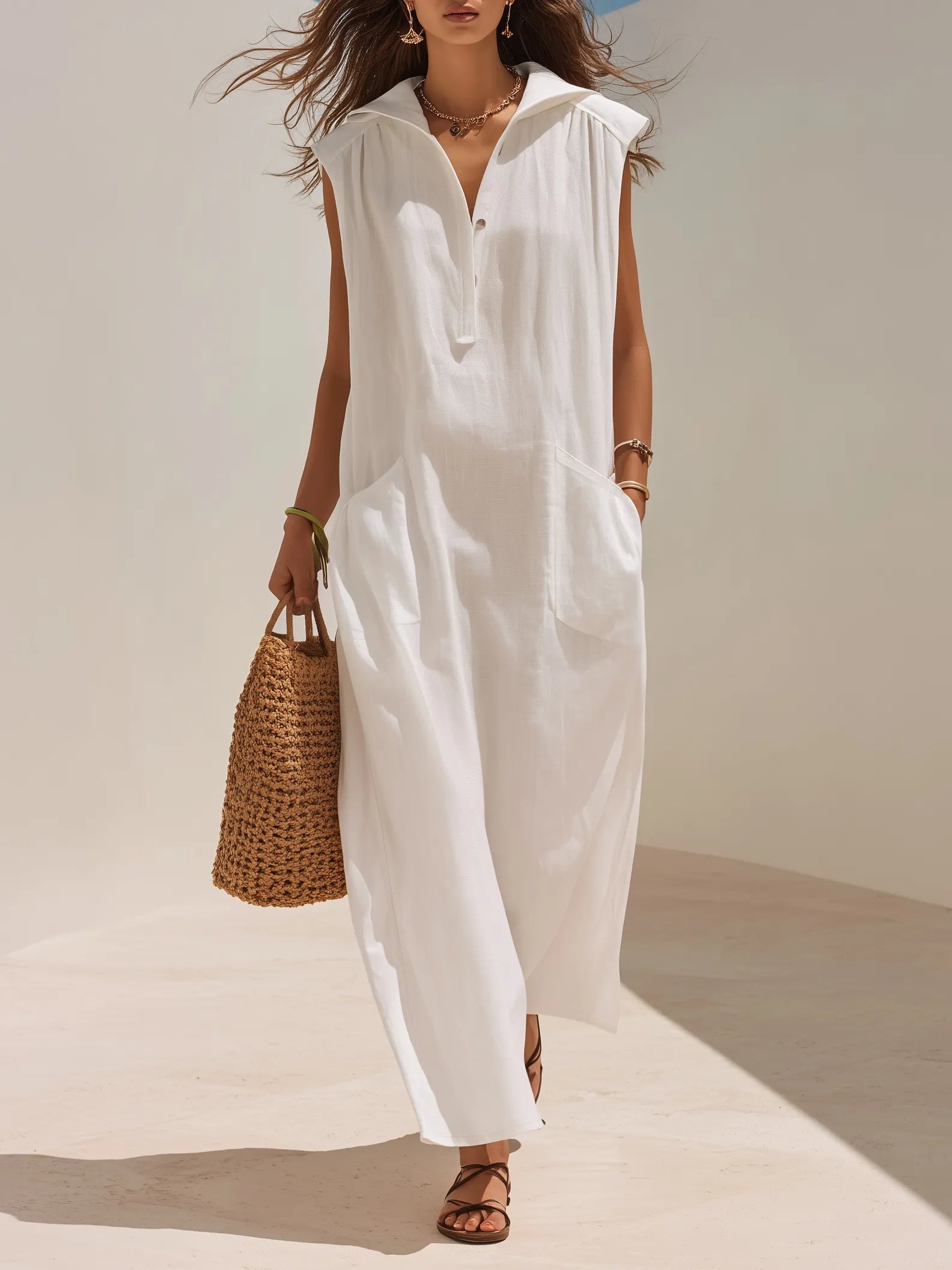 Minimal Resort White Linen Sleeveless Lapel Half Button Maxi Shirt Dress