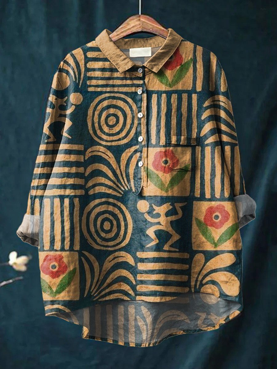 Freizeit-Baumwoll-Leinen-Hemd mit Vintage-Ethno-Muster-Kunstdruck
