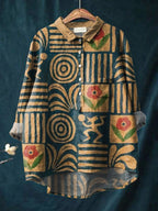 Freizeit-Baumwoll-Leinen-Hemd mit Vintage-Ethno-Muster-Kunstdruck